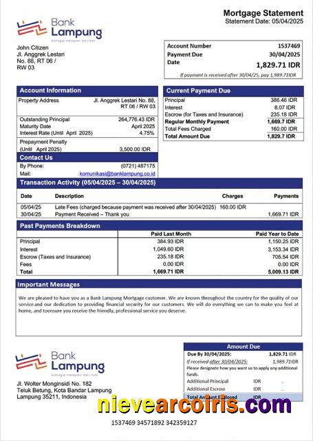 Indonesia Bank Lampung mortgage statement Word and PDF template